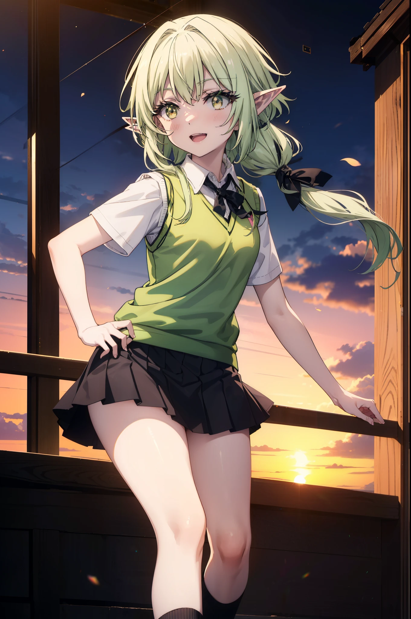High Goblin Archer, high goblin archer, Long Hair, (Green Eyes:1.5), bow, hair bow, black bow, Side Lock, Green Hair, Pointy Ears, happy smile, smile, Open your mouth,white yシャツ, Short sleeve, Pleated skirt, socks, Collared shirt, mini skirt, White knee socks, (Black Skirt:1.5), Sweater vest, (green Sweater vest:1.5),Brown Loafers,sunset,evening,The sun goes down,whole bodyがイラストに入るように,
break outdoors, city,Building Street,
break looking at viewer, whole body,
break (masterpiece:1.2), highest quality, High resolution, unity 8k wallpaper, (shape:0.8), (Fine and beautiful eyes:1.6), Highly detailed face, Perfect lighting, Highly detailed CG, (Perfect hands, Perfect Anatomy),