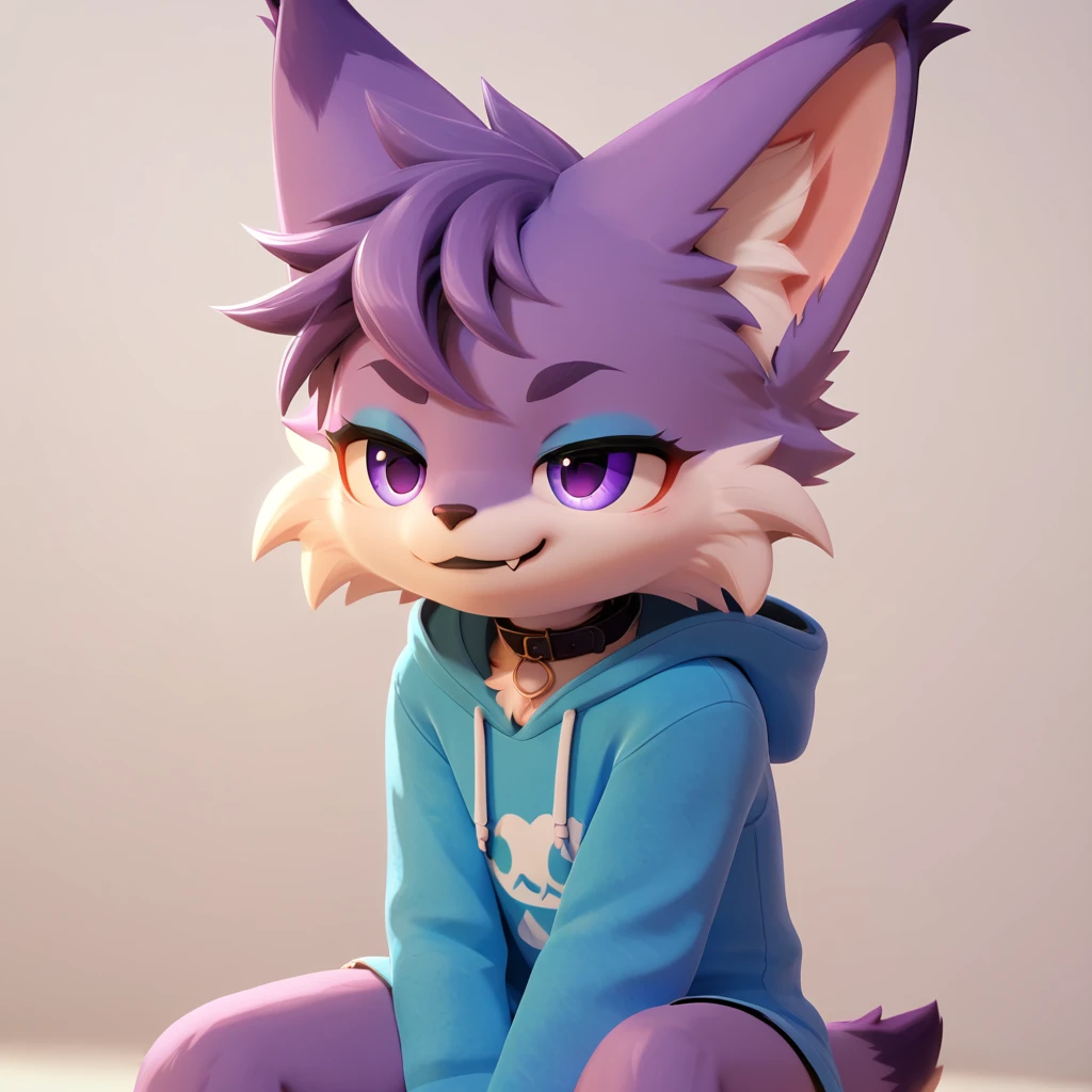 score_9,score_8_up,score_7_up, anthro lynx, furry art, medium hair, head tuft, shirtless, ((shota)), (purple fur), purple body, ((soft body)), fuzzy, one fang, medium hair, wavy hair, purple eyes, solo focus, kemono, cute, eyeliner, eyelashes, Eyeshadow, black lipstick, collar, kid, young, narrowed eyes, between legs, 3d, blender software, hoodie, smug face,