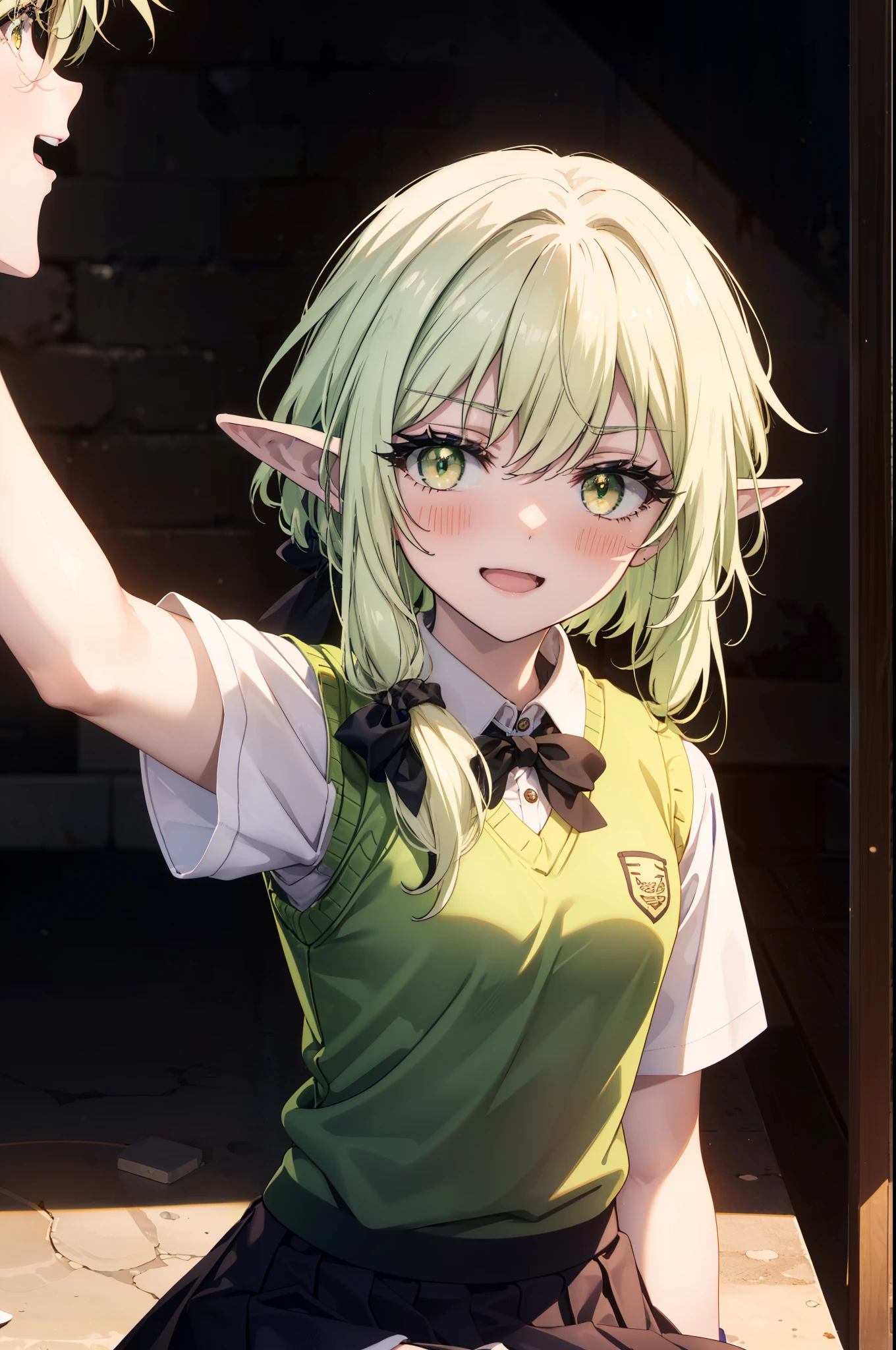 High Goblin Archer, high goblin archer, Long Hair, (Green Eyes:1.5), bow, hair bow, black bow, Side Lock, Green Hair, Pointy Ears, happy smile, smile, Open your mouth,white yシャツ, Short sleeve, Pleated skirt, socks, Collared shirt, mini skirt, White knee socks, (Black Skirt:1.5), Sweater vest, (green Sweater vest:1.5),Brown Loafers,sunset,evening,The sun goes down,whole bodyがイラストに入るように,
break outdoors, city,Building Street,
break looking at viewer, whole body,
break (masterpiece:1.2), highest quality, High resolution, unity 8k wallpaper, (shape:0.8), (Fine and beautiful eyes:1.6), Highly detailed face, Perfect lighting, Highly detailed CG, (Perfect hands, Perfect Anatomy),