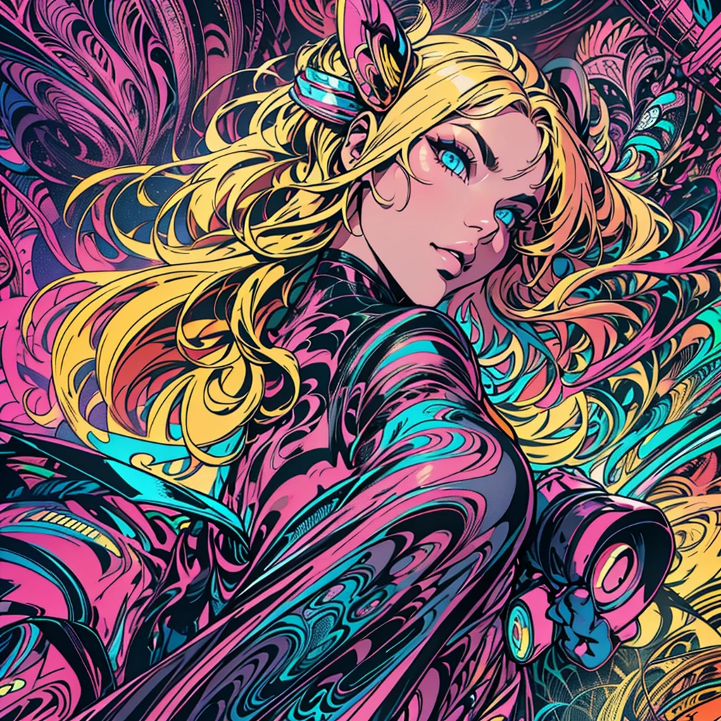 Masterpiece, Top Quality, Best Quality, Official Art, Beautiful and aesthetic:1.2), (1Girl:1.3), Extremely detailed,(fractal art:1.2),colourfull,highest details,( Zentangle neon:1.2), (Dynamic Pose), (Abstract background neon:1.5), (treditional dress:1.2), (sparkly skin), (many colors:1.4), upper half body ,neons,16 k,Full HD, Blue Eyes, beautidful eyes, extremely detailed eyes and face, Beautiful detailed eyes, Ultra-detailed, light on the face, with long blond hair, Blonde hair, Slim Body, Fair skin, a 18 year old girl,