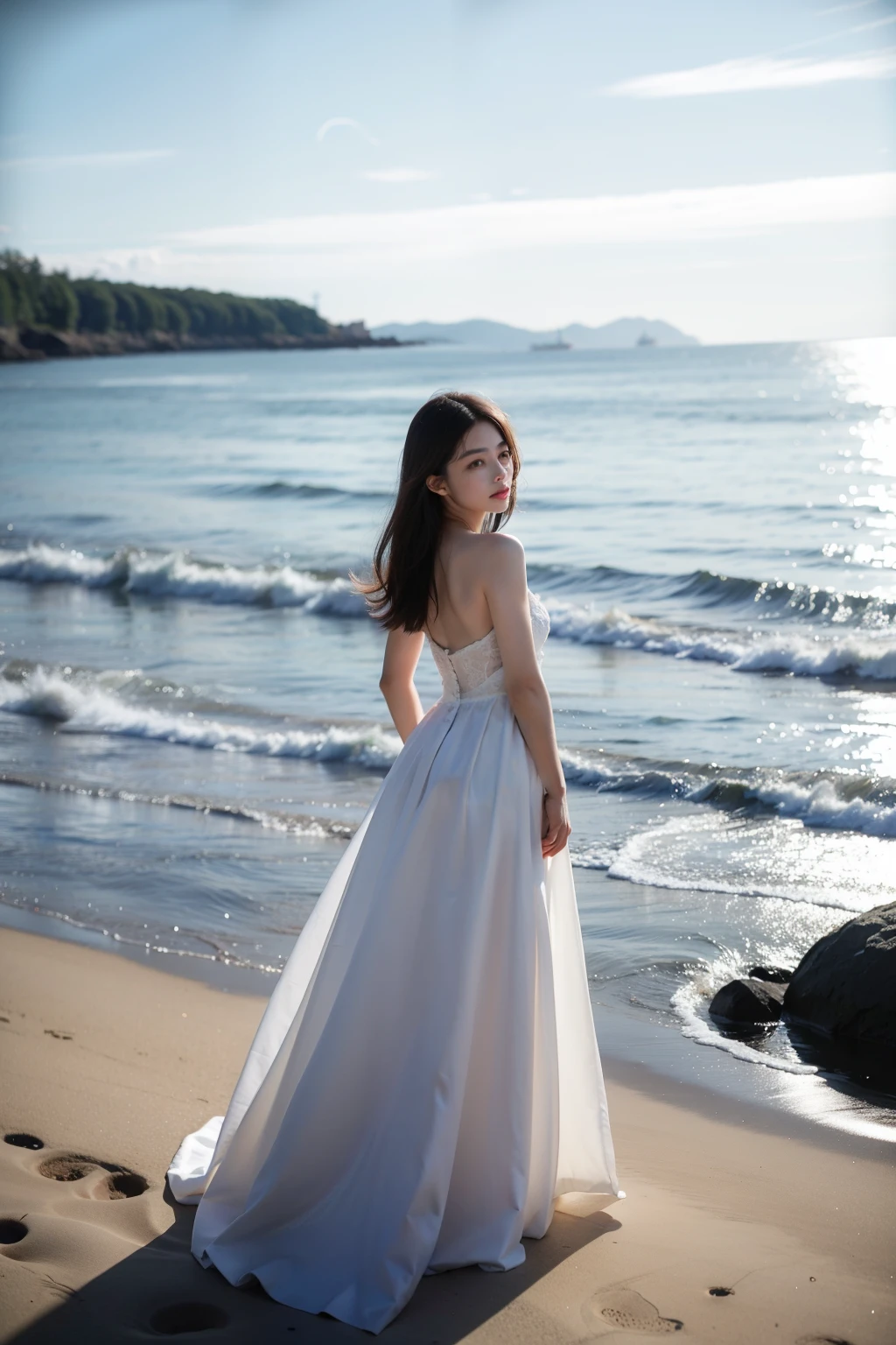 A girl in a white dress,Standing by the sea,Look into the distance。