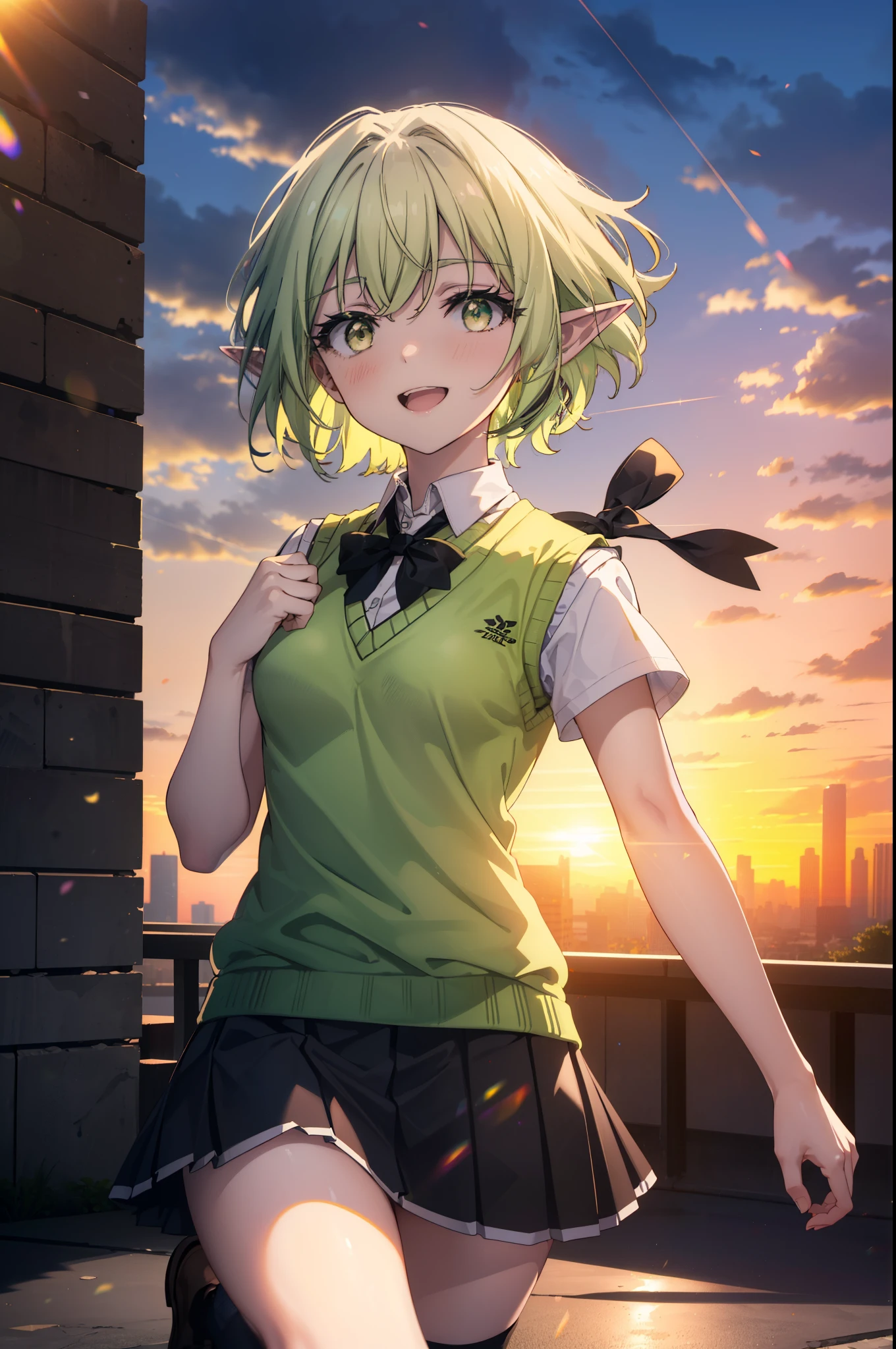 High Goblin Archer, high goblin archer, Long Hair, (Green Eyes:1.5), bow, hair bow, black bow, Side Lock, Green Hair, Pointy Ears, happy smile, smile, Open your mouth,white yシャツ, Short sleeve, Pleated skirt, socks, Collared shirt, mini skirt, White knee socks, (Black Skirt:1.5), Sweater vest, (green Sweater vest:1.5),Brown Loafers,sunset,evening,The sun goes down,whole bodyがイラストに入るように,
break outdoors, city,Building Street,
break looking at viewer, whole body,
break (masterpiece:1.2), highest quality, High resolution, unity 8k wallpaper, (shape:0.8), (Fine and beautiful eyes:1.6), Highly detailed face, Perfect lighting, Highly detailed CG, (Perfect hands, Perfect Anatomy),
