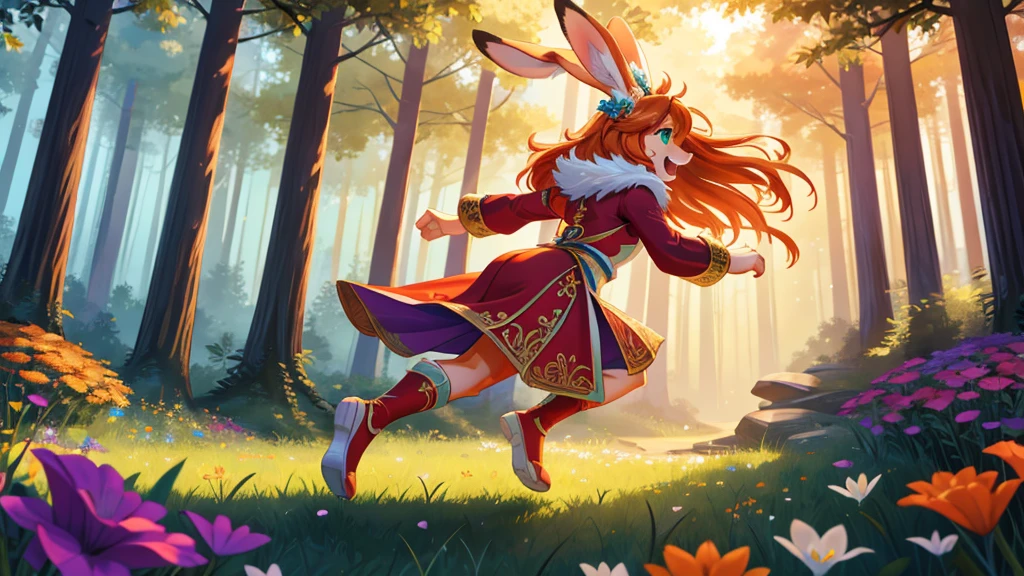 solo character, close up view, zoomed in image, side view, bright colors, fantasy style art, beautiful anthropomorphic female bunny, mature and young, tall character, 5 feet 11 inches tall, fluffy bunny fur, furry fluffy skin, bunny paws, bunny feet, teal eyes, orange fur, furry orange skin, orange hands, orange bunny paws, orange bunny feet, long wavy bright orange hair, shapely body, skinny body, healthy body, purple and red warrior outfit, ornate red clothes, fancy purple patterns and symbols, 2 red dress coattails hanging down her sides, long draping red sleeves, running quickly, through a lush fantasy forest, making haste, running fast at top speed, arms thrust outwards, arms spread out wide, running towards the right of the frame, looking towards the right of the frame, happily exploring, green trees, in the spring, beautiful spring forest, thick forest, colorful flowers scattered in the bushes, butterflies in the air, sunlight coming through the trees, smiling happily, excited expression, wide eyes, large smile open mouth, high quality digital art, 2k, professional illustration, highly detailed