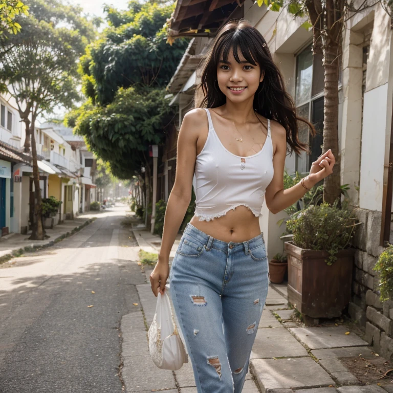 Sweet beautiful Bogor city girl, sassy girl, georgeus face, 25 years old, slim body, roman nose, messy wavy black hairs with a bangs blown by the hard wind, descent mixed from sundanese and javanese, wearing thin full see through white unbuttoned lace tank top t-shirt blown by the wind, hairy vagina exposed clearly through the clothes, wearing high heels, wearing veri thin lace white Torn aparts panty, no bra, very realistic, very detail, walking cheerful in the sunny morning on windy dusty street at Bogor, happy sweet face, very cute laughing, her body and her messy dense pubic hairs are very exposed through the clothes, sun shining her body through the clothes, from top of head to the toes are visible, very hard wind that blowing everything, hard windy enviorement, many dry leafs falling blown by the wind,