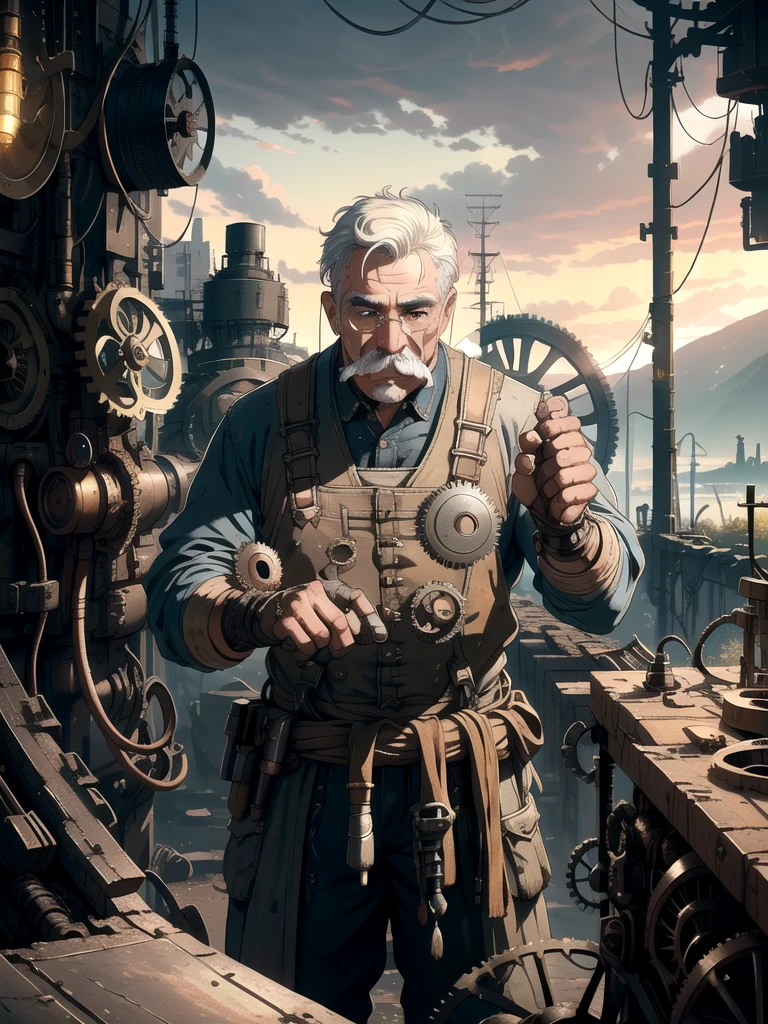 (a man with mustache:1.1)repairing a machine, (best quality,highres) detailed gears, (realistic) oily hands, (HDR) vibrant colors, (studio lighting) soft shadows, (landscape) industrial setting, (ultra-detailed) rusty metal parts, (photography) depth of field, (bokeh) sparks flying, (portrait) focused expression, (concept artists) futuristic design.