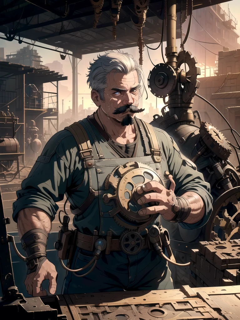 (a man with mustache:1.1)repairing a machine, (best quality,highres) detailed gears, (realistic) oily hands, (HDR) vibrant colors, (studio lighting) soft shadows, (landscape) industrial setting, (ultra-detailed) rusty metal parts, (photography) depth of field, (bokeh) sparks flying, (portrait) focused expression, (concept artists) futuristic design.