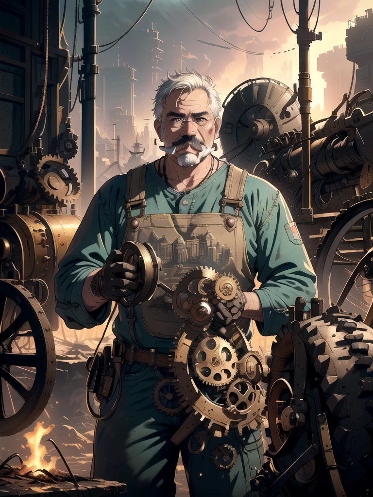 (a man with mustache:1.1)repairing a machine, (best quality,highres) detailed gears, (realistic) oily hands, (HDR) vibrant colors, (studio lighting) soft shadows, (landscape) industrial setting, (ultra-detailed) rusty metal parts, (photography) depth of field, (bokeh) sparks flying, (portrait) focused expression, (concept artists) futuristic design.