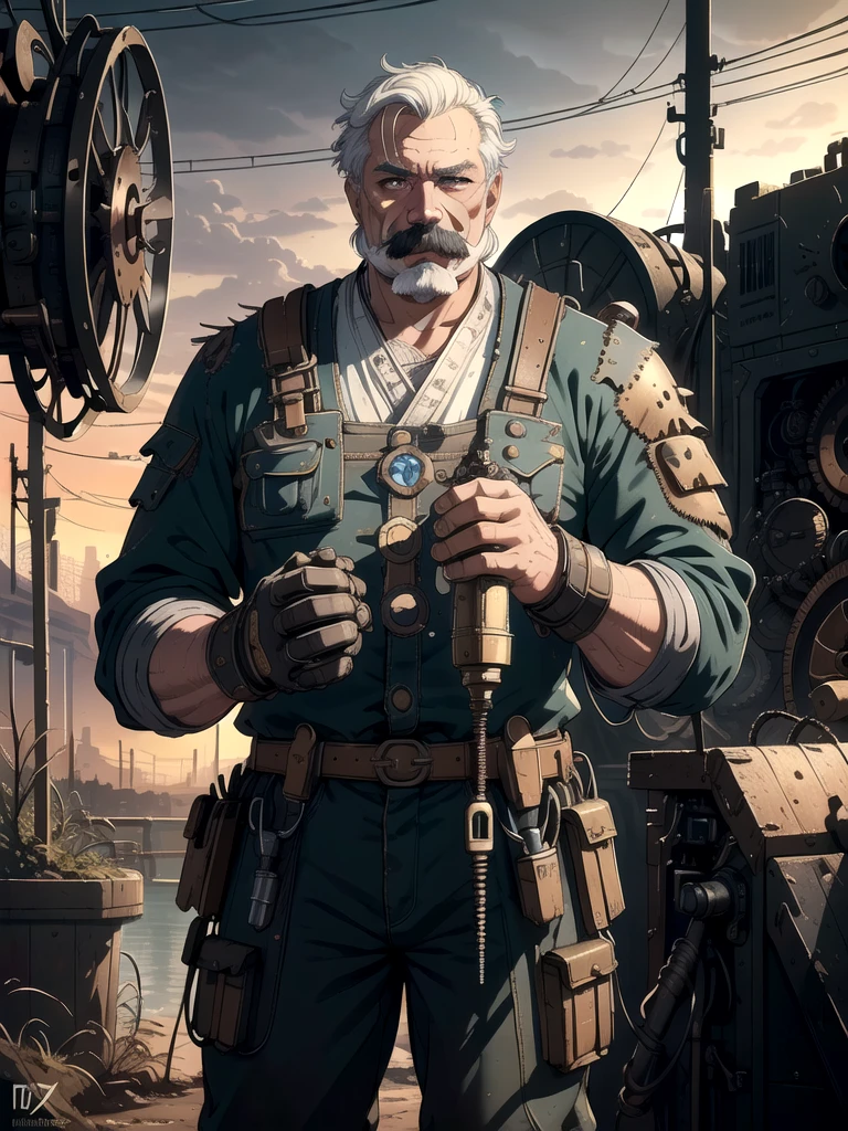 (a man with mustache:1.1)repairing a machine, (best quality,highres) detailed gears, (realistic) oily hands, (HDR) vibrant colors, (studio lighting) soft shadows, (landscape) industrial setting, (ultra-detailed) rusty metal parts, (photography) depth of field, (bokeh) sparks flying, (portrait) focused expression, (concept artists) futuristic design.