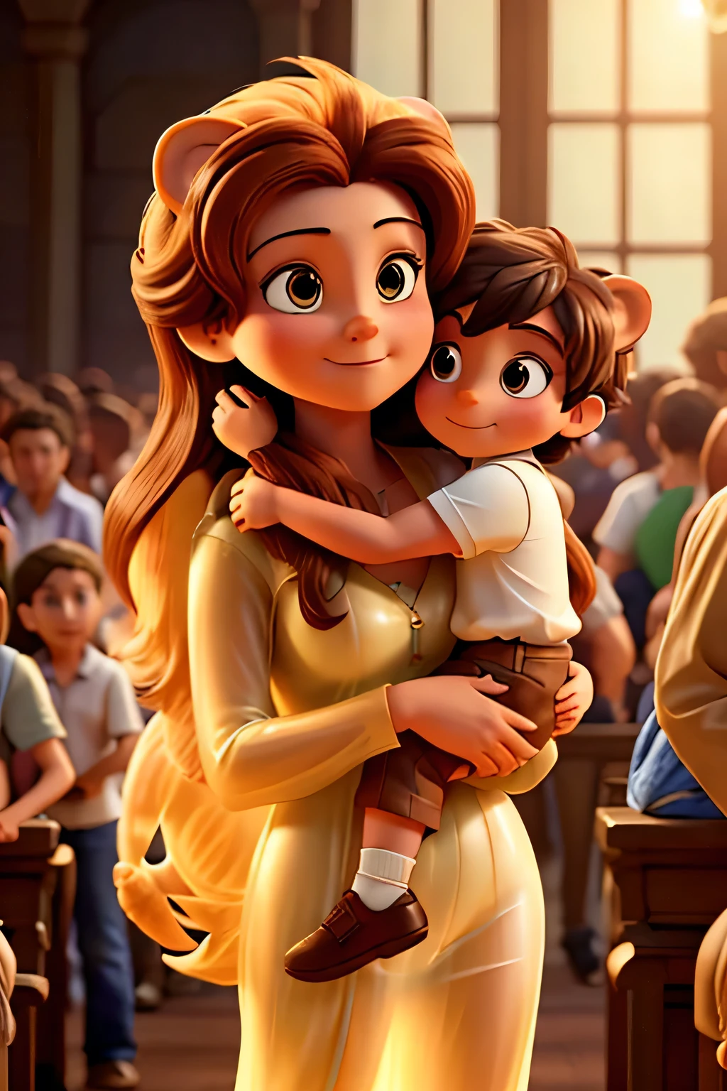 Madre abrazando a su hijo, a giant translucent lion behind the crowd, estilo Disney