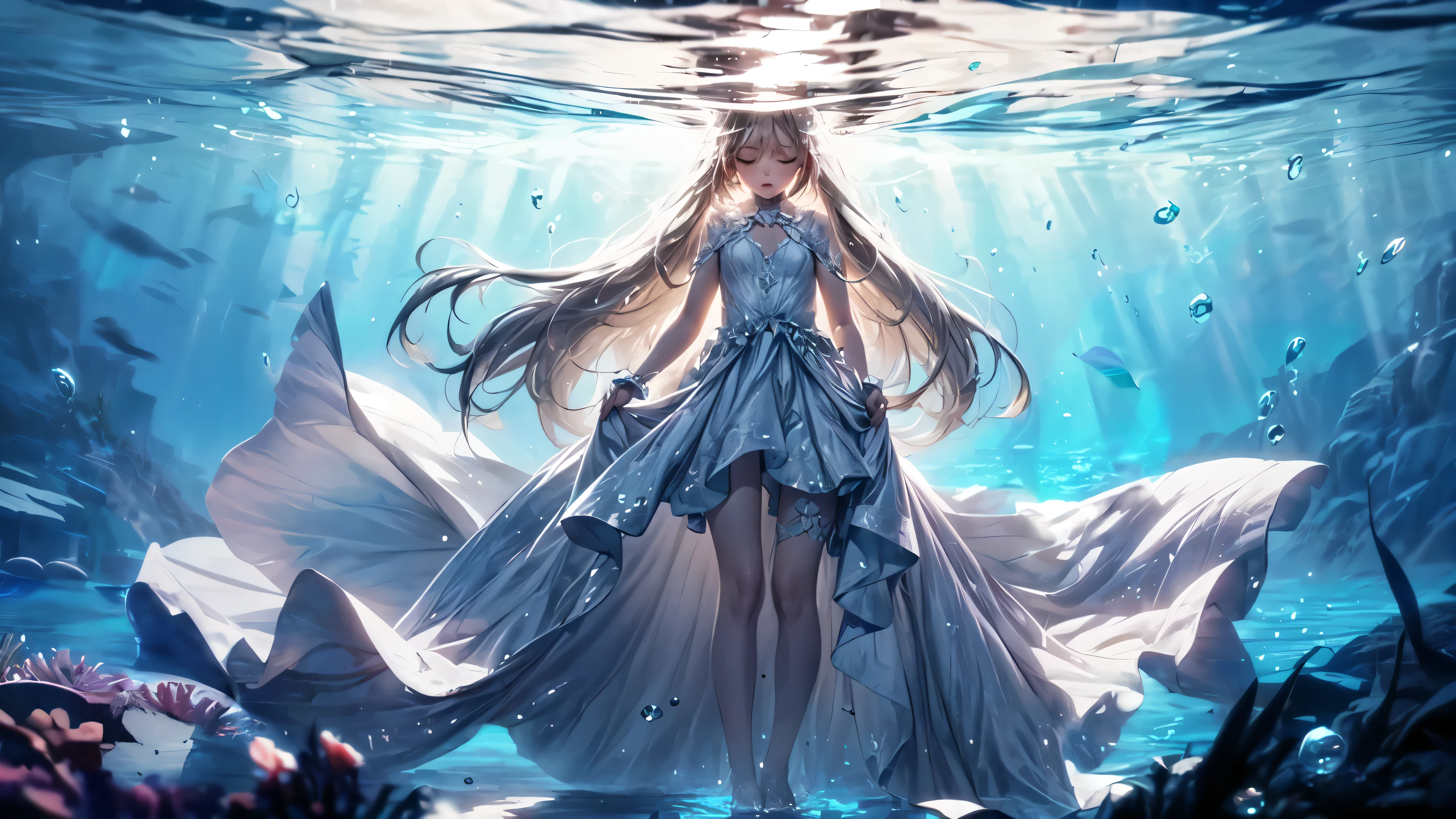 (Dramatic angle,Dynamic angle), (best quality,4k,8k,highres,masterpiece:1.2), (A 7 year old girl:1.2), (Very young little girl), (alone), (small breasts), eyes closed, original photo, Atmospheric distance perception, Aesthetic, complex, won, cybernetic enhancement, chiaroscuro, best quality, Detailed background, (underwater atmosphere:1.2), (girl wearing white very long silk dress:1.2),Beneath the surface, the little girl's world turns serene, her bare feet no longer touching the sandy floor. Her gown, a canvas of white, billows around her like a cloud, the skirt expanding in an underwater ballet. Each layer of the dress' skirt, light as gossamer, flutters with the subtle currents, creating a silent, slow-motion spectacle,The fabric, once structured by the air, now undulates with the water's caress, its folds and flounces taking on a life of their own. The skirt's hem, once brushing against the beach, now sways with the rhythm of the aquatic realm, its edges rippling like the softest of waves. The dress, once a terrestrial adornment, has transformed into an aquatic masterpiece, its white a stark contrast to the deep blues and greens that surround it,As she sinks deeper, the dress' skirt envelops her in a cocoon of elegance, the delicate fabric floating around her like a halo of lace and tulle. Tiny bubbles escape from the dress's folds, adding a sparkling (embellishment) to the underwater scene. The light filtering through the water above casts a soft, ethereal glow through the translucent skirt, highlighting the intricate patterns of the fabric as it moves with the flow of the water. Her hair, like a dark halo, fans out around her head, mingling with the floating strands of her dress, creating a vision of harmony between the girl and the aquatic environment. The little girl, a vision of innocence and grace, becomes one with the water, her white dress a symbol of purity amidst the depths.
