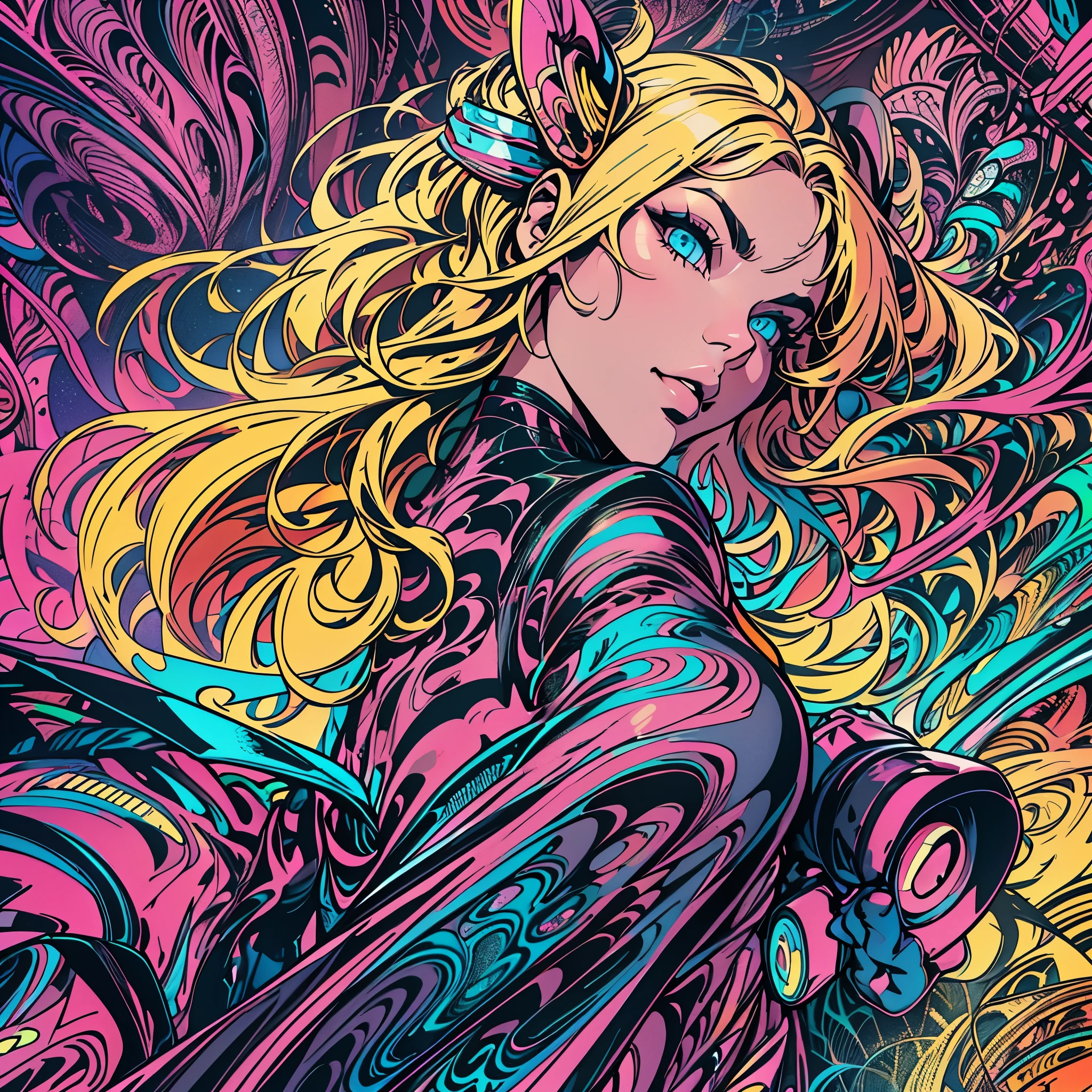 Masterpiece, Top Quality, Best Quality, Official Art, Beautiful and aesthetic:1.2), (1Girl:1.3), Extremely detailed,(fractal art:1.2),colourfull,highest details,( Zentangle neon:1.2), (Dynamic Pose), (Abstract background neon:1.5), (treditional dress:1.2), (sparkly skin), (many colors:1.4), upper half body ,neons,16 k,Full HD, Blue Eyes, beautidful eyes, extremely detailed eyes and face, Beautiful detailed eyes, Ultra-detailed, light on the face, with long blond hair, Blonde hair, Slim Body, Fair skin, a 18 year old girl,