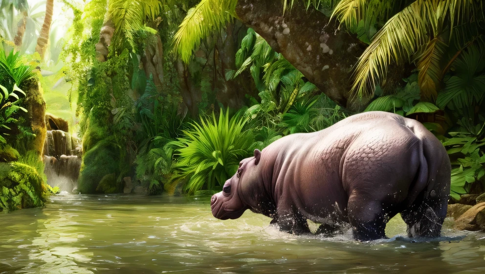 Photorealistic, Hippopotamus by the water in the jungle, detailled skin, detailed eyes, lush vegetation, masterpiece, best quality