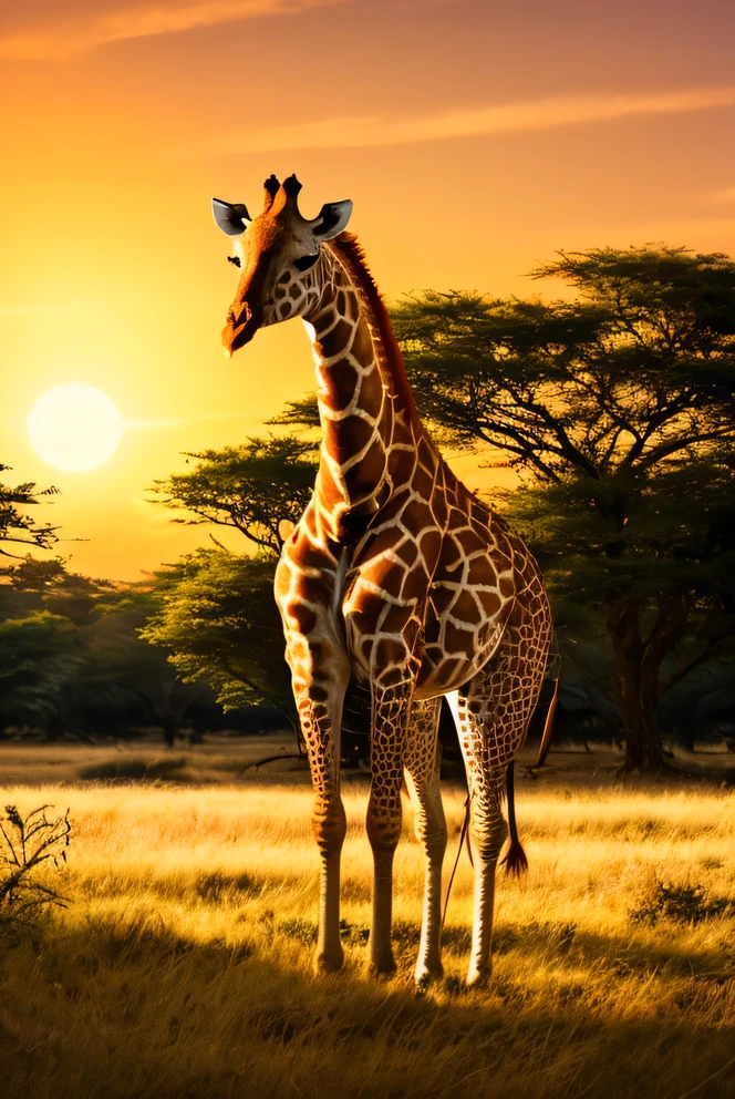 Photorealistic, Giraffe on savannah grassland, dappled skin, detailed eyes, grass and trees, masterpiece, best quality, orange sky, sunset, backlit.