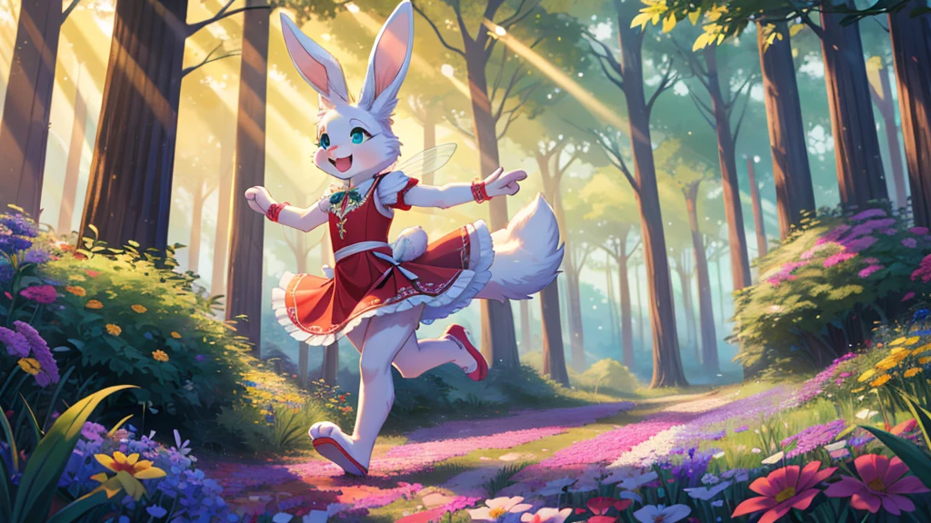 solo character, close up view, zoomed in image, side view, bright colors, fantasy style art, beautiful anthropomorphic female bunny, young character, 4 feet 9 inches tall, fluffy bunny fur, furry fluffy skin, long floppy ears, huge bunny ears, bug ears flapping in the wind, bunny paws, bunny feet, teal eyes, white fur, furry white skin, bunny hands, white bunny paws, white bunny feet, shapely body, skinny body, healthy body, red frilly dress, red puffy sleeves, running quickly, through a lush fantasy forest, making haste, running fast at top speed, arms spread out wide, arms raised, arms stretched out in joy, running towards the right of the frame, looking towards the right of the frame, happily exploring, green trees, in the spring, beautiful spring forest, thick forest, colorful flowers scattered in the bushes, butterflies in the air, sunlight coming through the trees, smiling happily, excited expression, wide eyes, large smile open mouth, high quality digital art, 2k, professional illustration, highly detailed