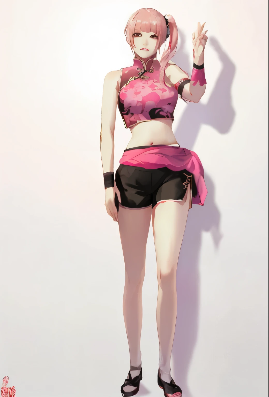 White Background、No sleeve、Sleeveless、Black shorts、chinese garment、Wide Shot,whole body、belly button、Pink Wristbands、Sleeveless、Side Ponytail、Pink Hair、Blunt bangs, High resolution, 1 girl, Korean, Black shorts、Ultra-fine illustrations,(((Beautiful fine hair))),(((Beautiful beautiful face))),(((Beautiful background))),