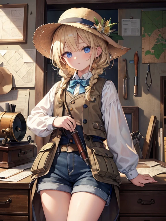 masterpiece, highest quality, Very detailed, 16k, Ultra-high resolution, Cowboy Shot, One 8-year-old girl, Detailed face, Perfect Fingers, blue eyes, Blonde, Braid, A vest with many pockets, Shorts, Exploring knife, Safari Hat, compass, telescope, map, A cluttered room with lots of small items, Organizing tools
