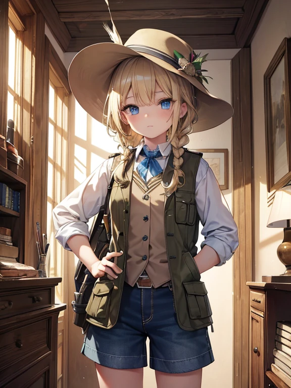 masterpiece, highest quality, Very detailed, 16k, Ultra-high resolution, Cowboy Shot, One 8-year-old girl, Detailed face, Perfect Fingers, blue eyes, Blonde, Braid, A vest with many pockets, Shorts, Exploring knife, Safari Hat, compass, telescope, map, A cluttered room with lots of small items, Organizing tools