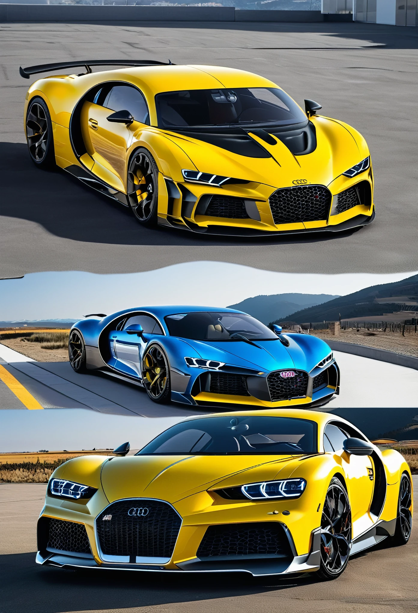Combine Audi car and buggati chiron,hood for mustard gt, give me front and back photos