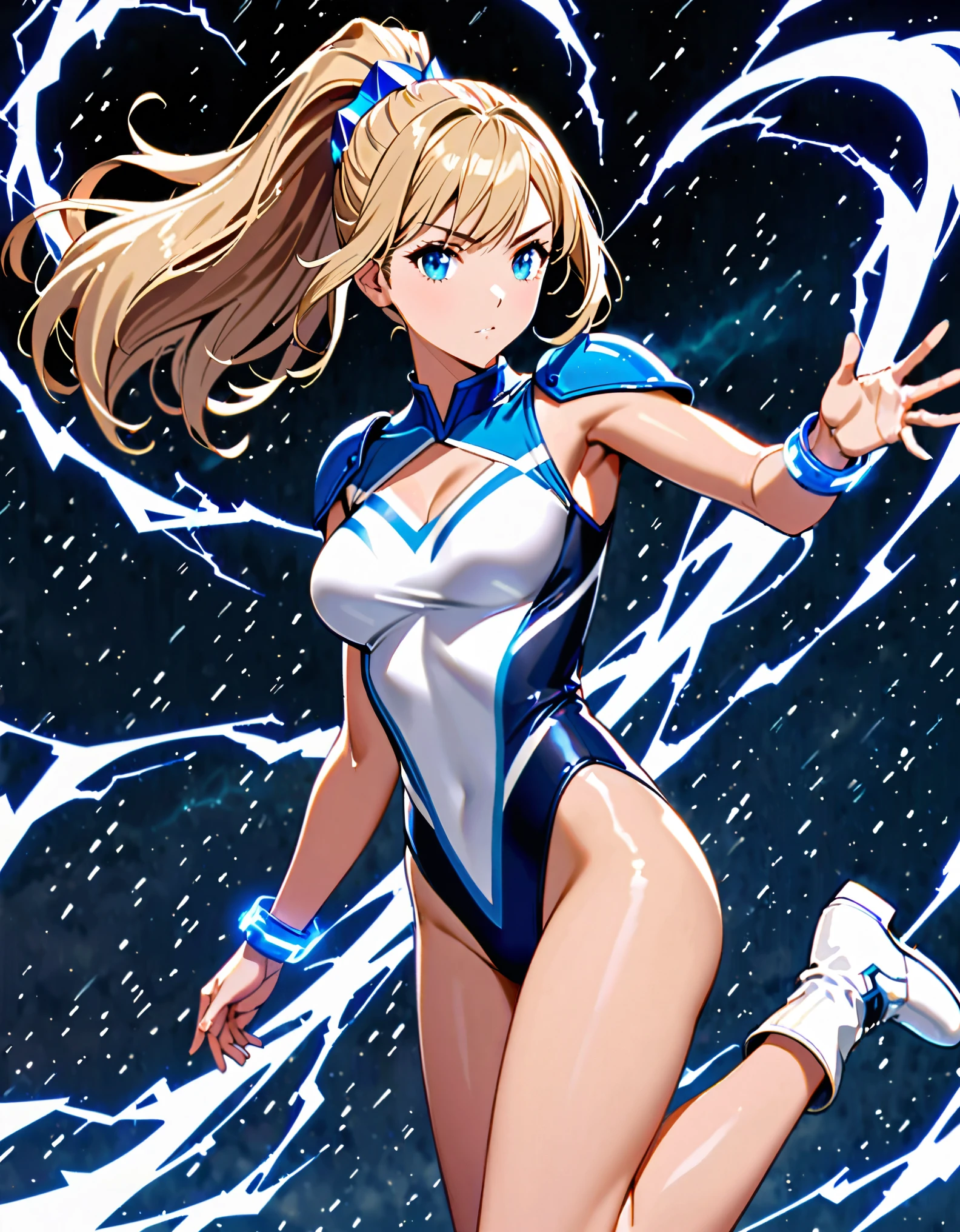 1girl, tall body, light blonde hair, aquamarine eyes, boots, breasts, bracelets, hair ornament, (shoulder-length hair, ponytail, bangs), full body with costume, (leotard, perfect leotard, gymnast outfit leotard, white leotard with blue accents, bare legs), hi-tech shoulder pads, (white boots), medium breasts, perfect hands, complete fingers, perfect anatomy, perfect proportions, solo, solo focus, superhero, ((blue lightning logo on chest)), beautiful detailed eyes, beautiful detailed face, age 18, asuka suit. crossed arms. she spins at an incredible speed, creating a (whirlwind) of air around her, she spins at super speed, spiral lines and tornado winds round her.