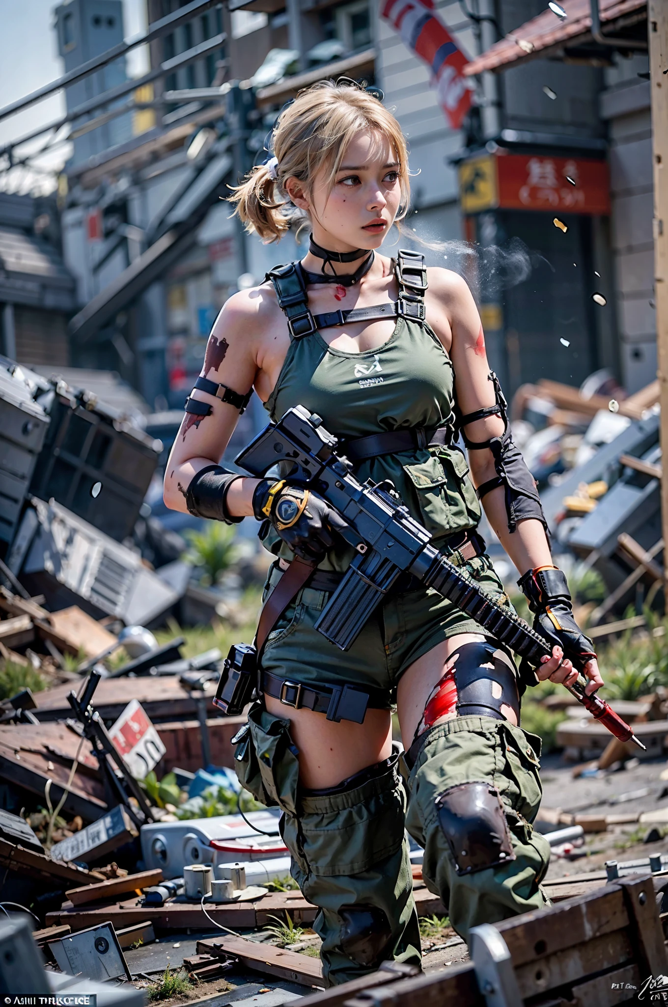A wounded female fighter stands guard in a devastated city