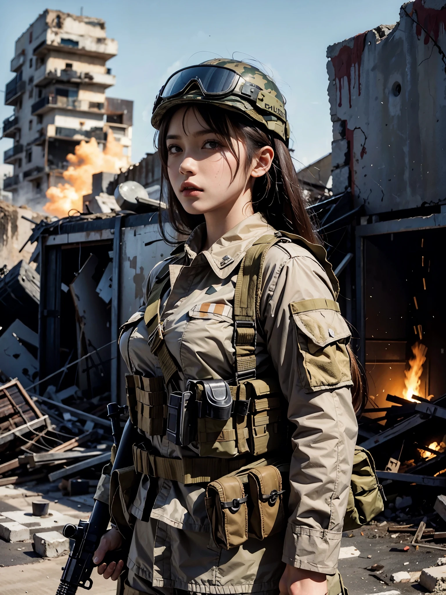 A female soldier stands guard in a ruined city
