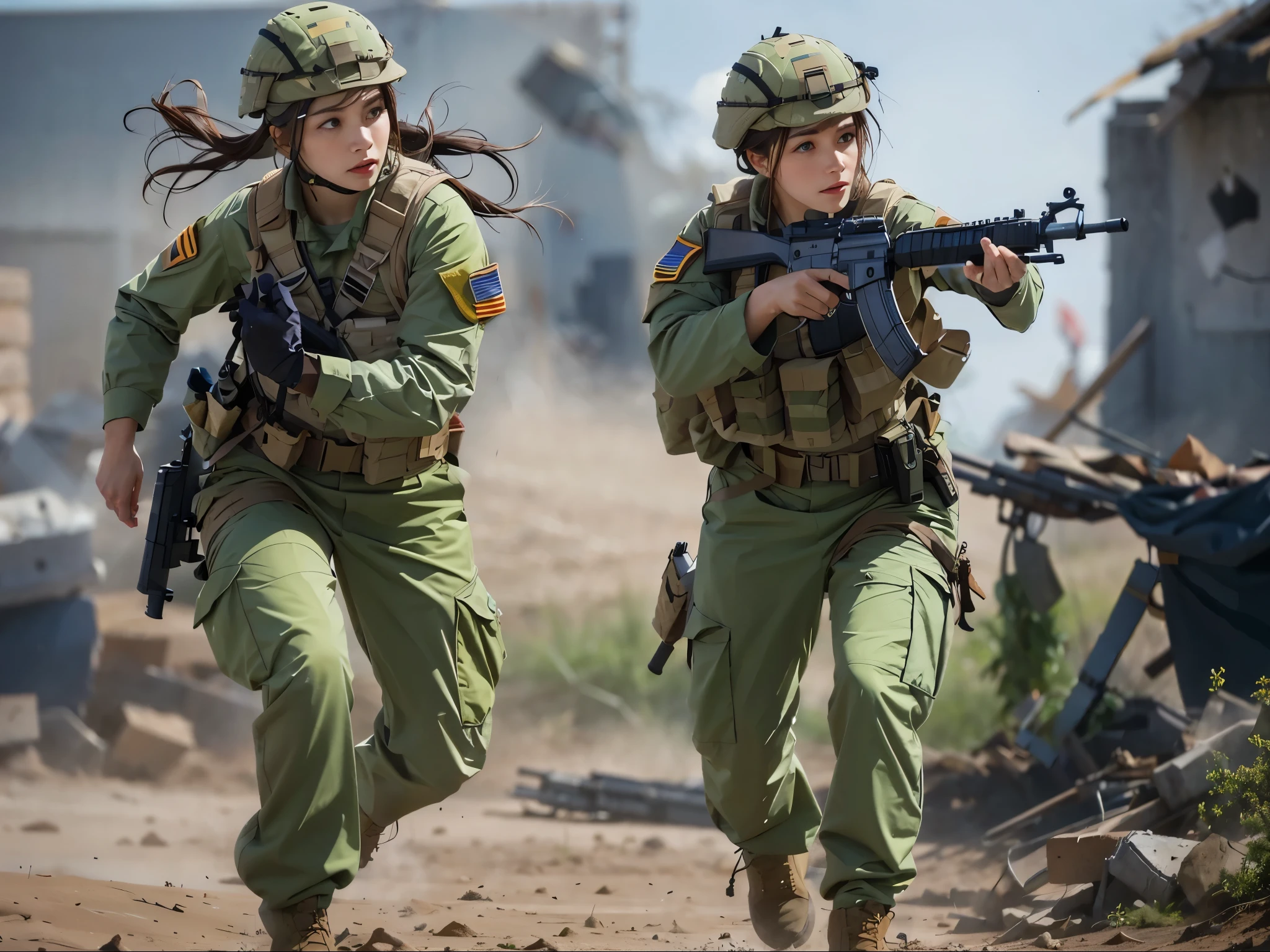 Female soldier clearing out remaining enemies