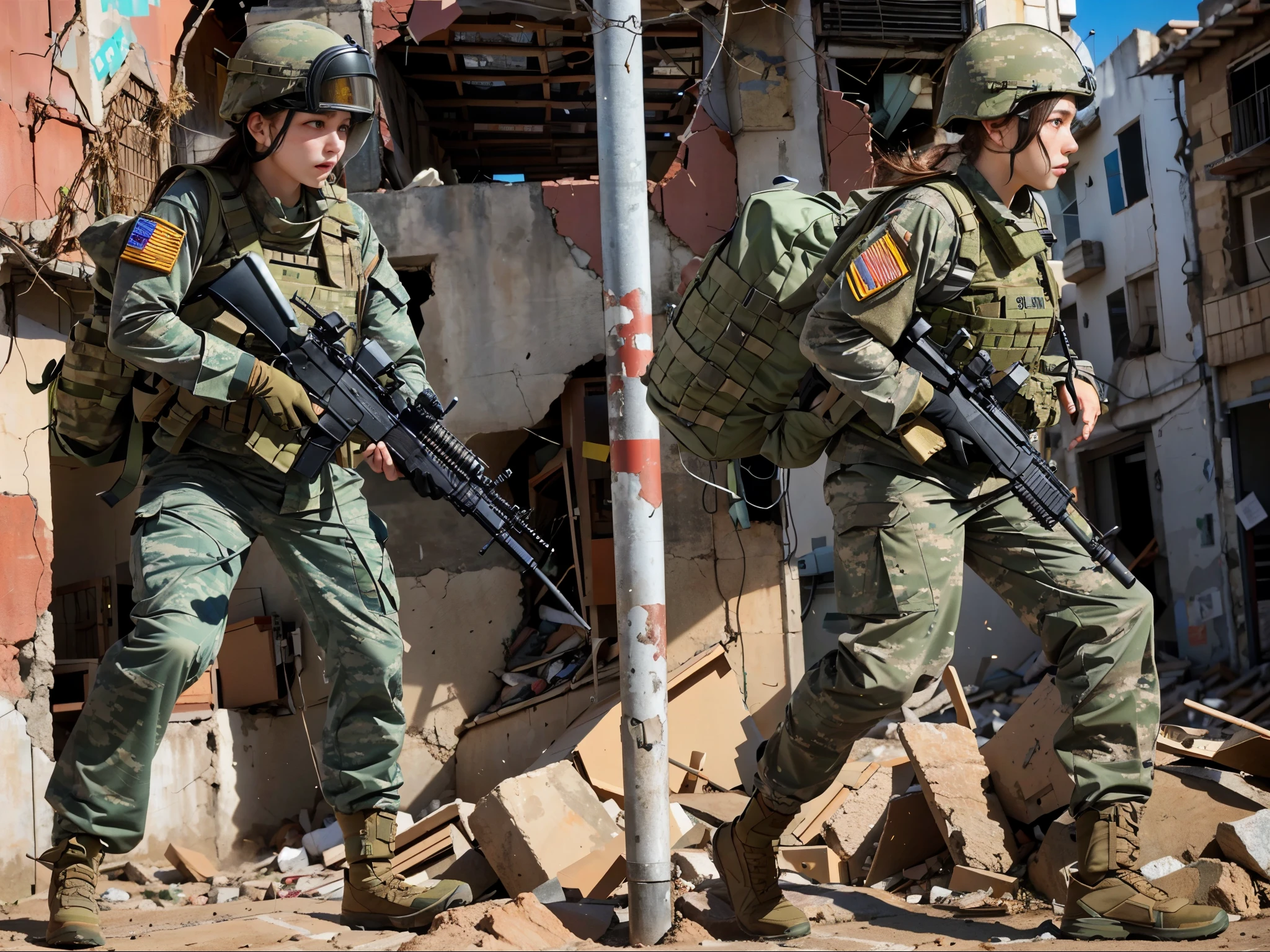 Female soldiers clearing out remaining enemies after urban warfare