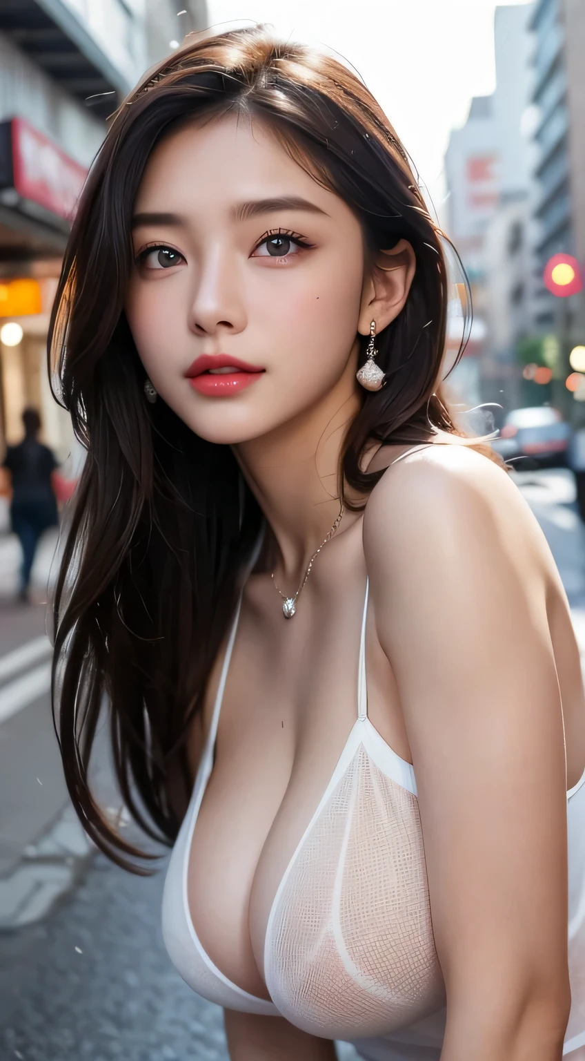 Beautiful college girl in the city, 21 years old, masterpiece, light makeup, red lips, brown hair, widely disheveled, street background, beautiful and elegant. Very fine details, masterpiece, authentic texture, realism of movie lighting, perfect work, 16k, high resolution, exquisite facial features, blue eyes, crisp cute eyes, cute woman, looking at camera, winking, Japanese idol , beautiful face, nice smile, chestnut neighbor, beautiful hair, charm, big breasts, erect nipples, cleavage, thick muscles, glowing skin, white skin, oily skin, oily skin, tank top, sparkling big eyes, soft skin , wet, earrings, collar, tattoo, raining, soaking wet, clear nipples,