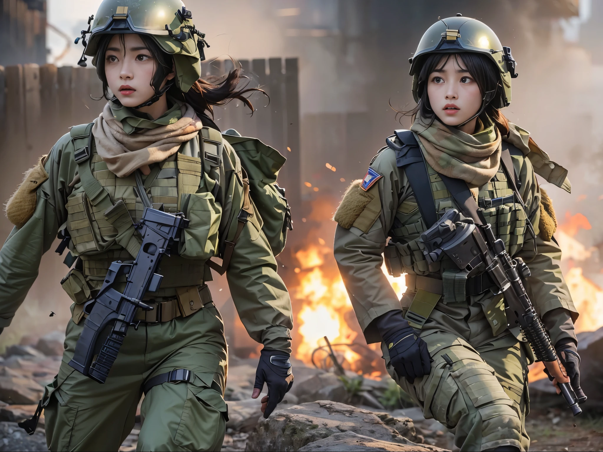 A female soldier searches for fleeing enemy soldiers