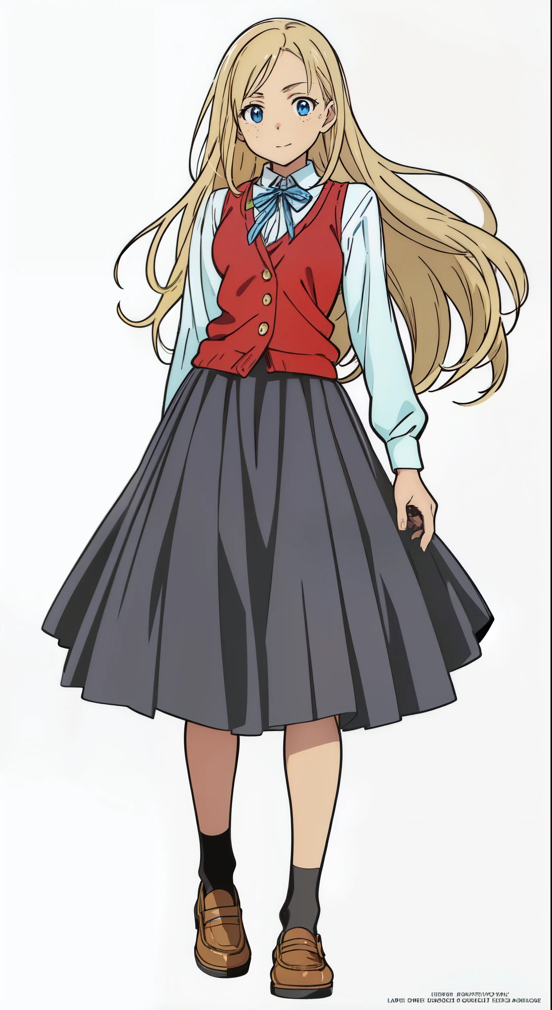 (best quality:1.0), (masterpiece:1.0), (super fine illustration:1.0), (beautiful artwork:1.0), (anime screencap:1.0), (official art:1.0), (european:1.0), (cheerful:1.0), (white background:1.0), (best quality:1.0), (masterpiece:1.0), (super fine illustration:1.0), (beautiful artwork:1.0), (anime screencap:1.0), (official art:1.0), (solo:1.0), (european:1.0), (a 18yo cute girl:1.0), (long skirt:1.0), (black skirt:1.0), (pleated skirt:1.0), (red knit vest:1.0), (white long sleeve collared shirt:1.0), (blue neck ribbon:1.0), (loafers:1.0), (black socks:1.0), (ideal ratio body proportions:1.5), (lanky:1.5), (tall:1.5), (slender:1.5), (small breasts:1.5), (smaller face:1.5), (tareme:1.0), (freckles:1.0), (detailed beautiful eyes:1.0), (detailed beautiful face:1.0), (glowing blue eyes:1.0), (long hair:1.0), (swept bangs:1.0), (blonde hair:1.0), (standing:1.0), (looking at viewer:1.0)