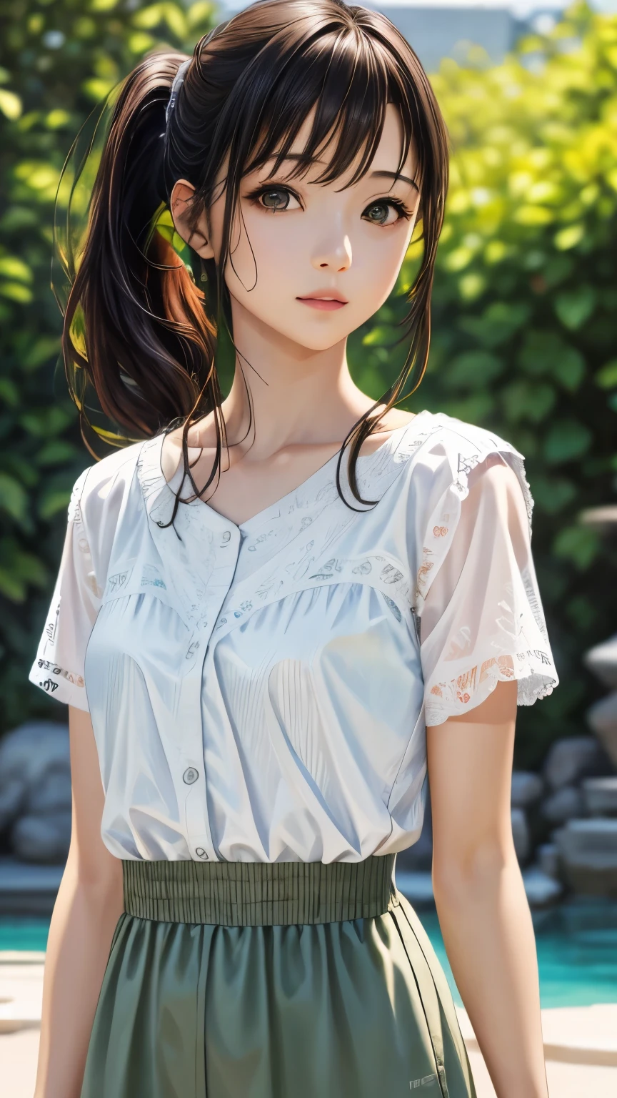 (hig彼st quality、8k、32k、masterpiece)、(Realistic)、(Realistic:1.2)、(High resolution)、Very detailed、Very beautiful face and eyes、1 girl、Round and small face、Tight waist、Delicate body、(hig彼st quality、Attention to detail、Rich skin detail)、(hig彼st quality、8k、Oil paints:1.2)、Very detailed、(Realistic、Realistic:1.37)、Bright colors、Full Body Shot、Mid-chest、ponytail
