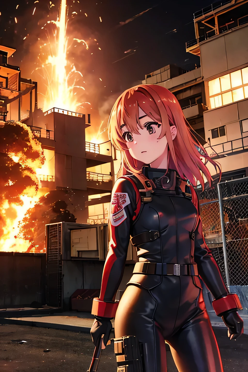 Sumi Sakurasawa、holding hundgun、at night、fence、1 girl、Black bodysuit、Infiltrate a military base、Tank Hangar、Military base exploding in flames、The building is on fire