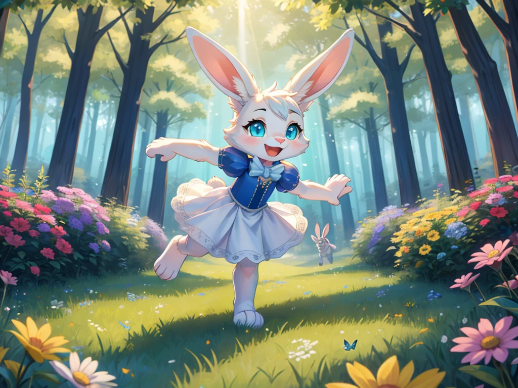 solo character, close up view, zoomed in image, side view, 2D image, bright colors, fantasy style art, adorable anthropomorphic female bunny, young character, short character, blue eyes, fluffy bunny fur, furry fluffy skin, long floppy ears, huge bunny ears, bug ears flapping in the wind, bunny paws, bunny feet, teal eyes, white fur, furry white skin, bunny hands, white bunny paws, white bunny feet, shapely body, skinny body, healthy body, red frilly dress, red puffy sleeves, running quickly, through a lush fantasy forest, making haste, running fast at top speed, arms spread out wide, arms raised, arms stretched out in joy, running towards the right of the frame, looking towards the right of the frame, happily exploring, green trees, in the spring, beautiful spring forest, thick forest, colorful flowers scattered in the bushes, butterflies in the air, sunlight coming through the trees, smiling happily, excited expression, wide eyes, large smile open mouth, high quality digital art, 2k, professional illustration, highly detailed