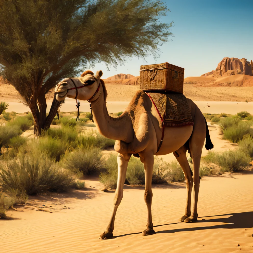 Photorealistic, Camel walking with load in the desert, detailled skin, detailed eyes, overgrown with grass and trees, masterpiece, best quality,. 