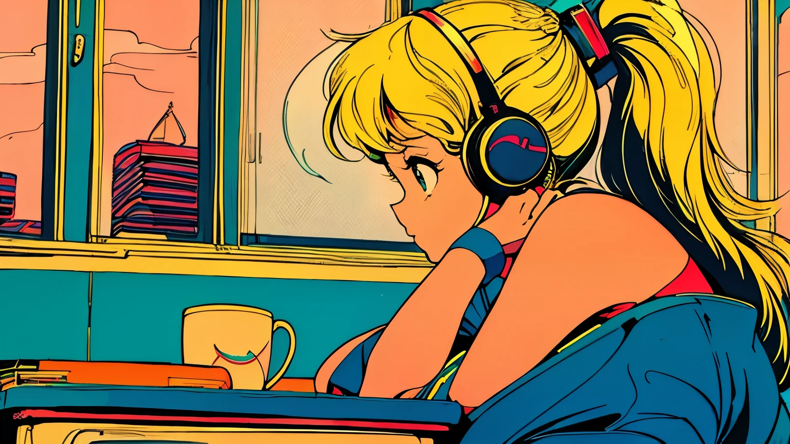 City pop style art, Yellow Hair, ponytail, Wearing headphones, Futuristic yet lo-fi, Retro, Vintage, Ghost,masterpiece, (( Side Shot)), Sit at a desk and concentrate on studying, Laptop and coffee on the desk, (( Midnight )), (( Looking down ))