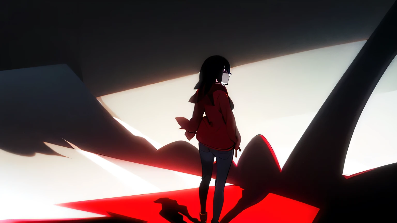 ((alone, Upper Body, Black background, dark, Shadow, View Viewer)), girl standing in darkness, Black Hair, Long Hair, Straight hair, Hime cut, Long bangs, blue eyes, ((White skin, Red pullover hoodie, Expressionless)), Jeans Shorts, Brown shoes