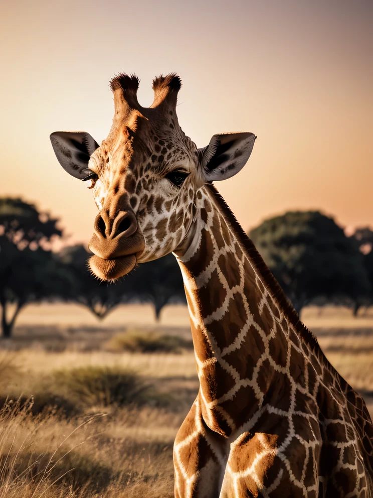 Photorealistic, Giraffe on savannah grassland, dappled skin, detailed eyes, grass and trees, masterpiece, best quality, orange sky, sunset, backlit.