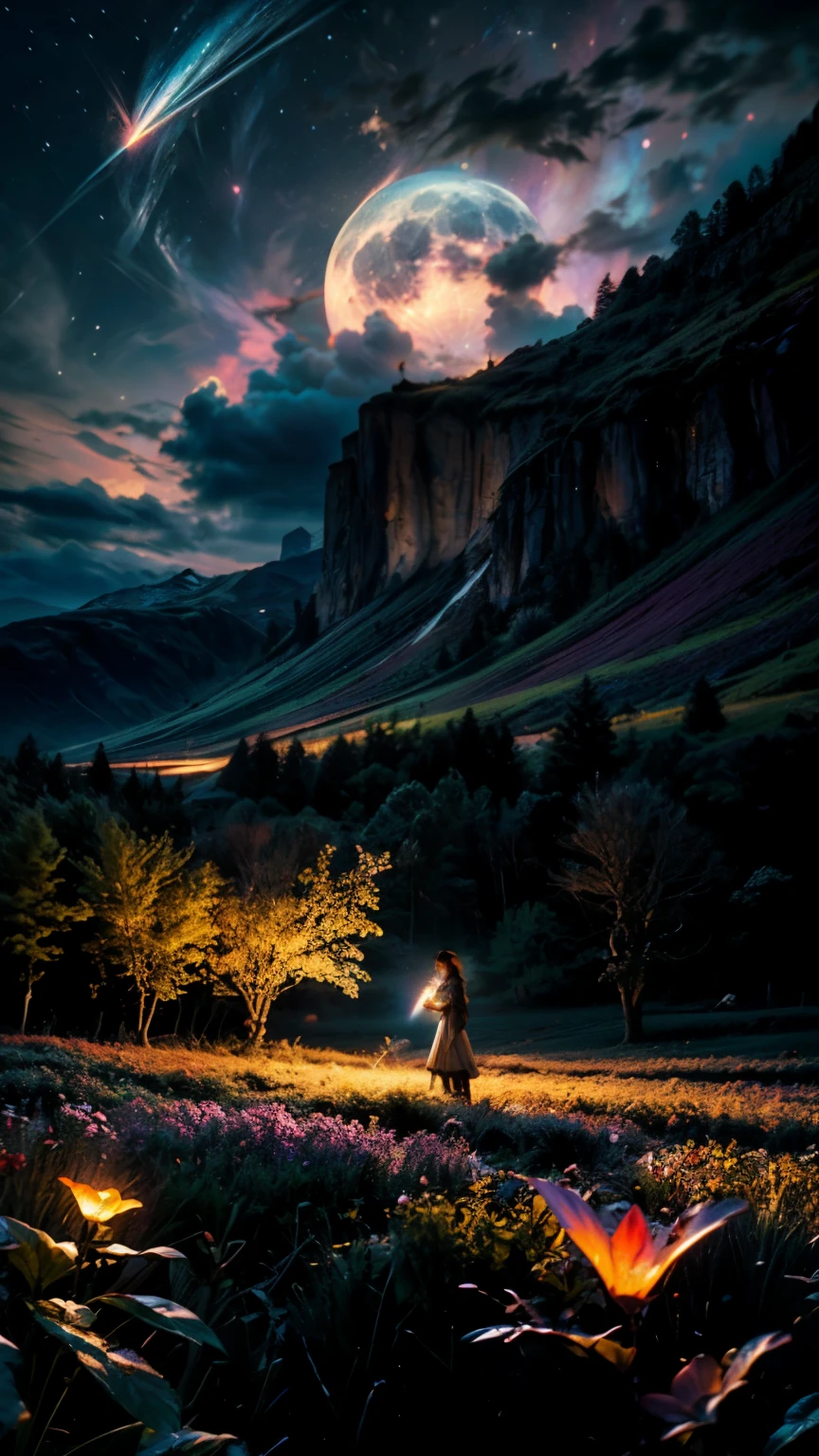 Vast landscape photography, (View from below, The sky is above、The fields are:), A girl standing in a flower field looking up, (full moon: 1.2), (meteor: 0.9), (nebula: 1.3), Distant Mountain々 , Tree Break Craft Art, (warm Light: 1.2), (Firefly: 1.2), Light, Lots of purple and orange, Intricate details, volume Lighting, Realism Break (masterpiece: 1.2), (highest quality), 4K, Very detailed, (Dynamic configuration: 1.4), Very detailed, Colorful details, (Iridescent: 1.2), (glow Lighting, atmosphere Lighting), dream-like, magic, (alone: 1.2)