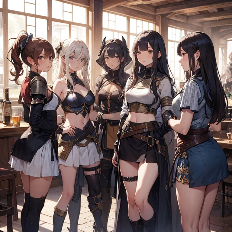 A group of female medieval fantasy adventurers, (in tavern), various hair styles, harem, night, details face, short skirt, seducing, sleeveless, armor, midriff