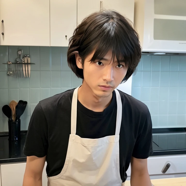 ((Best quality, 8K, Masterpiece :1.3)), One man, handsome Japanese man with emphasis on his chiseled features: 1.3, (short black hair: 1.2), plain T-shirt: 1.2, intense focus: 1.4, serious expression: 1.5, beardless: 1.6, countertop setup: 1.2, cutting fish with precision: 1.3, no apron: 1.1, detailed facial features: 1.7, sharp eyes, (2 block haircut: 1.8), at the counter in his home kitchen.