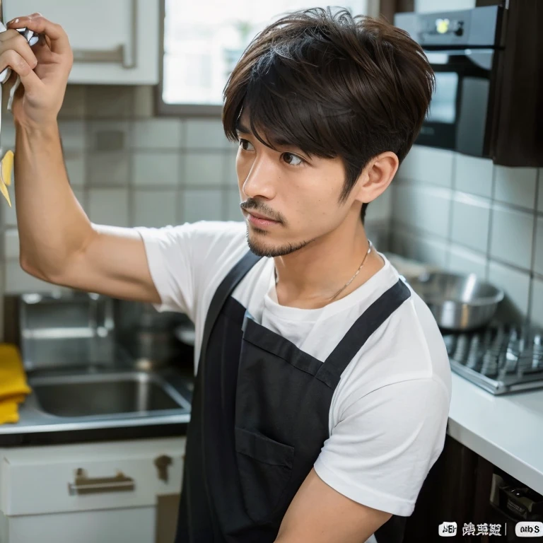 ((Best quality, 8K, Masterpiece :1.3)), One man, handsome Japanese man with emphasis on his chiseled features: 1.3, (short black hair: 1.2), plain T-shirt: 1.2, intense focus: 1.4, serious expression: 1.5, beardless: 1.6, countertop setup: 1.2, cutting fish with precision: 1.3, no apron: 1.1, detailed facial features: 1.7, sharp eyes, (2 block haircut: 1.8), at the counter in his home kitchen.