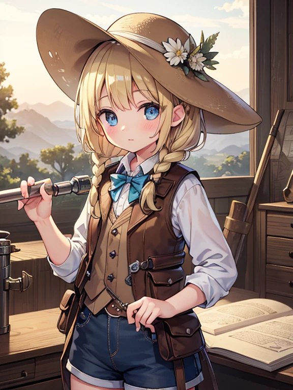 masterpiece, highest quality, Very detailed, 16k, Ultra-high resolution, Cowboy Shot, One , Detailed face, Perfect Fingers, blue eyes, Blonde, Braid, A vest with many pockets, Shorts, Exploring knife, Safari Hat, compass, telescope, map, A cluttered room with lots of small items, Organizing tools