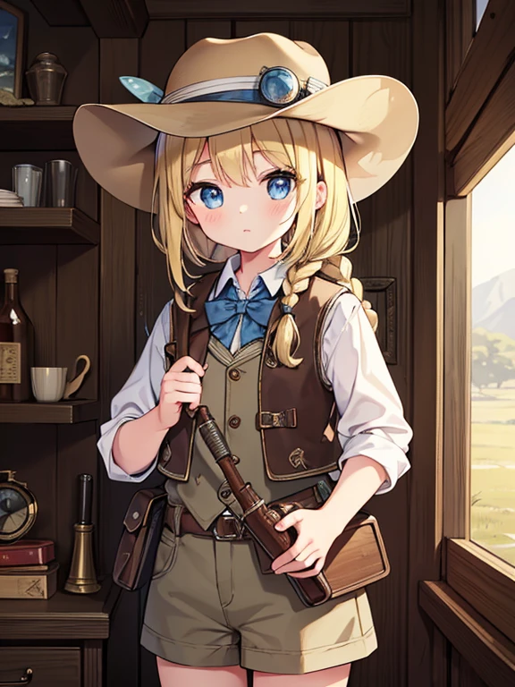 masterpiece, highest quality, Very detailed, 16k, Ultra-high resolution, Cowboy Shot, One 8-year-old girl, Detailed face, Perfect Fingers, blue eyes, Blonde, Braid, A vest with many pockets, Shorts, Exploring knife, Safari Hat, compass, telescope, map, A cluttered room with lots of small items, Organizing tools