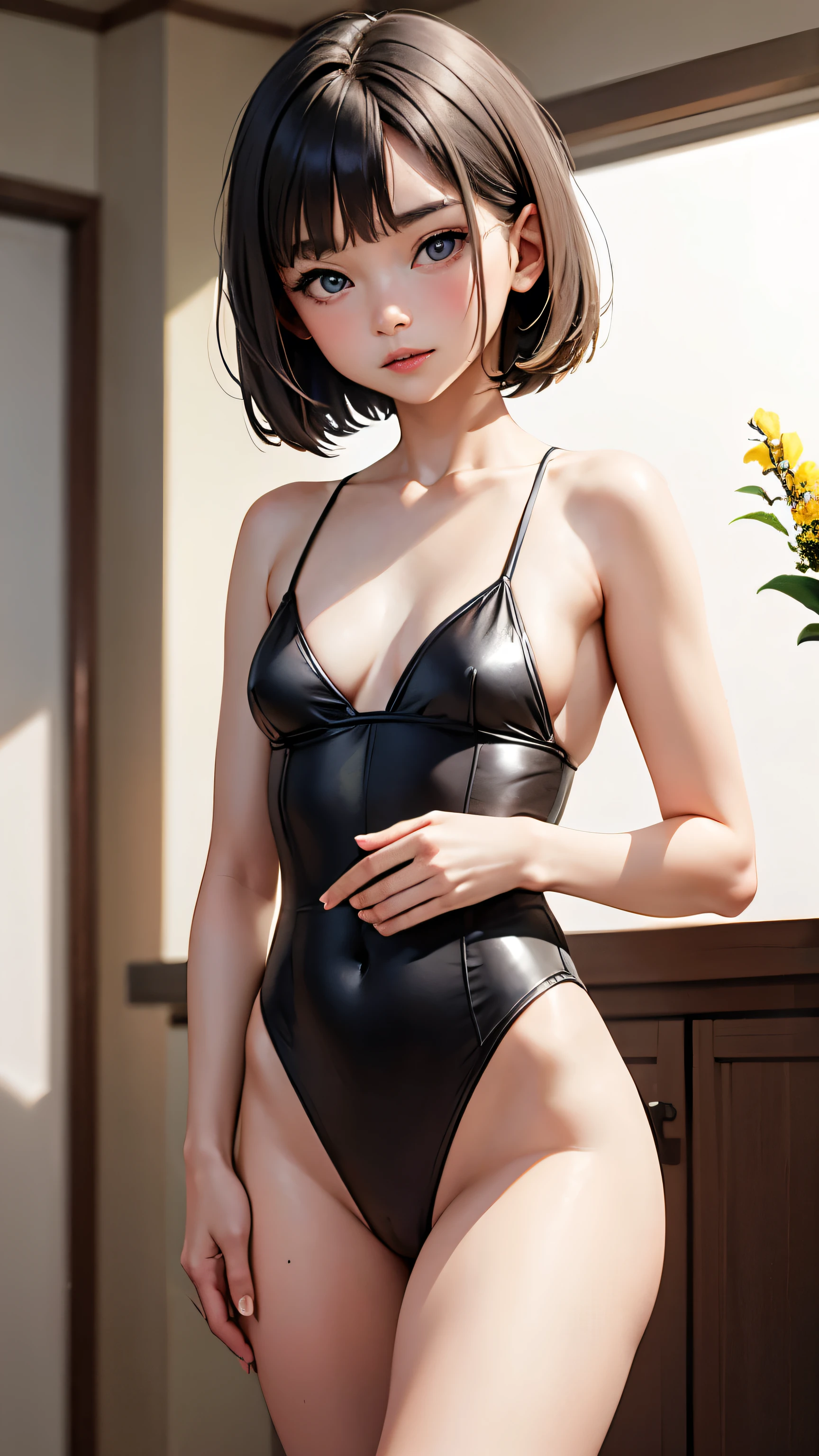 short hair, Short hair with bangs, Woman with pretty face,Cute little face, French Bob, White skin, Short brown hair and big eyes, Full body portrait shot 8k, Beautiful light、Big eyes, Beautiful woman, Young woman with bob cut, Full Shot,Best image quality,
