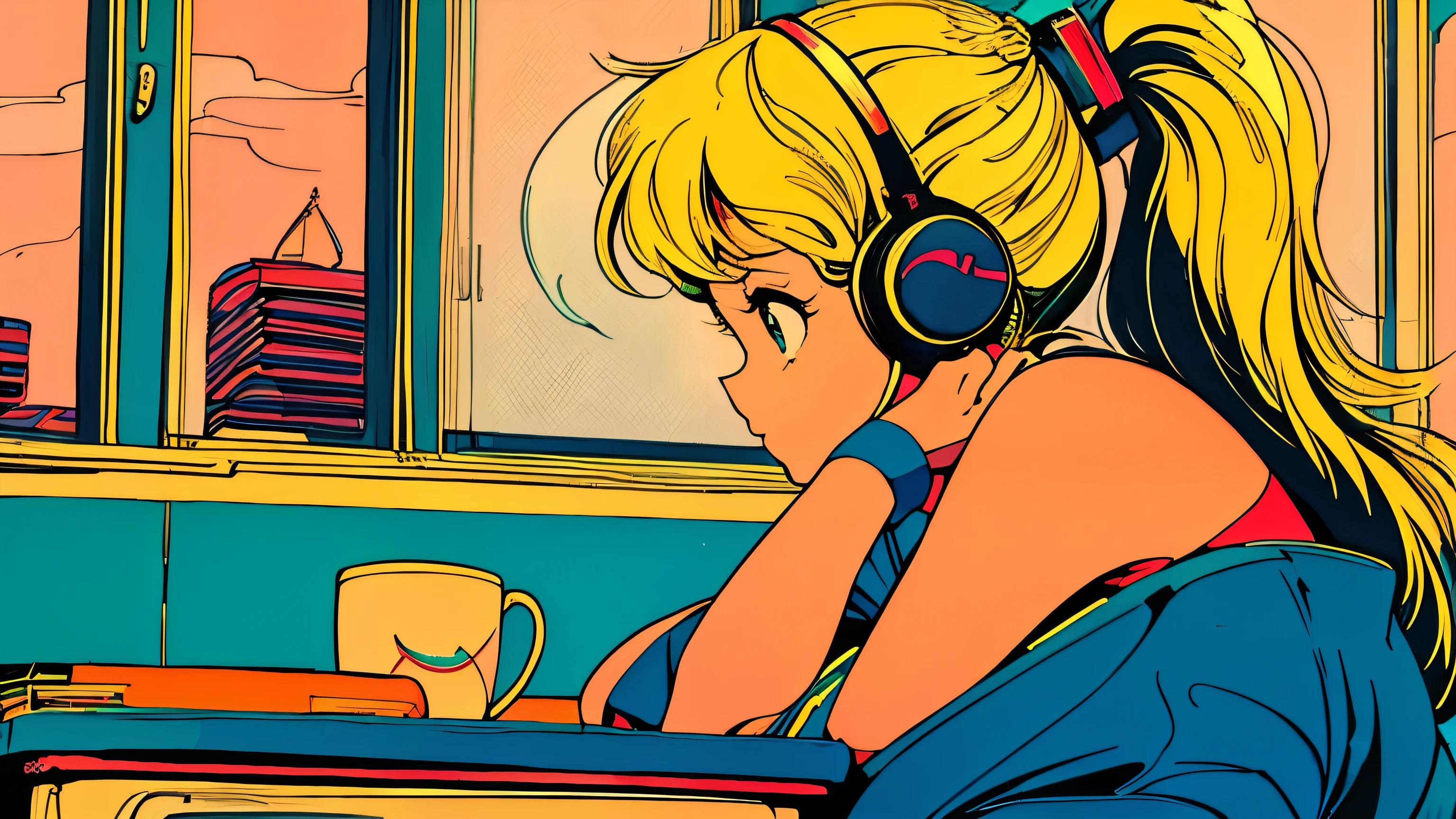 City pop style art, Yellow Hair, ponytail, Wearing headphones, Futuristic yet lo-fi, Retro, Vintage, Ghost,masterpiece, (( Side Shot)), Sit at a desk and concentrate on studying, Laptop and coffee on the desk, (( Midnight )), (( Looking down ))