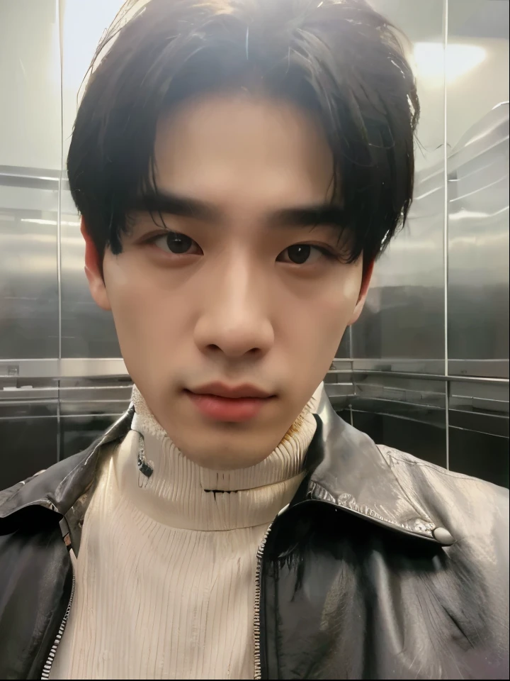 um close de um homem com uma jaqueta preta e gola alta branca, Cai Xukun, Yanjun Chengt, Fotografia selfie 8k, Kim Doyoung, Xisionwu, hyung tae, sakimichan, Tae June Kim, Hsiao-ron, rosto bonito, inspirado em jeonseok lee, Inspirado por Zhang Han, sha xi