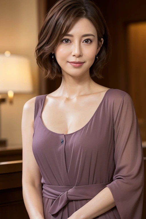 (In 8K, highest quality, masterpiece:1.2), (Realistic, Photorealistic:1.37), Very detailed, Natural light, Mid-chest, I can see her cleavage, 1 person, 40-year-old woman, Brown ash hair, short hair, Light purple one-shoulder dress, (Wide open chest:1.5), Very detailedな顔と肌, Detailed eyes, Very detailedな顔と肌、天井にあるlooking at the camera、 (looking at the camera:1.5)、Hotel Bar、indirect lighting