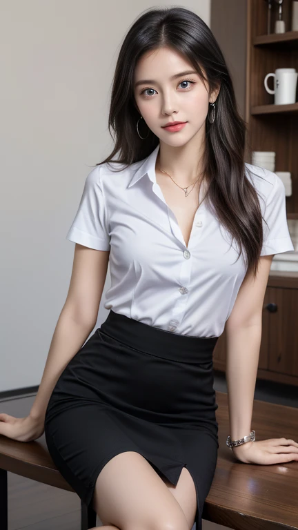 (High resolution 8K), Masterpiece, best quality, realistically ((middle bust, Sagging breasts)), hair in one eye, purple eyes, very big hoop earrings, Sharp eyes, choker, red gemstone necklace, (Symmetrical eyes), (The body is perfectly symmetrical. ), Photo of a beautiful 20 year old teenage girl, (Fit body), ((Sitting on a Starbucks coffee table)), (black short skirt), (( The young woman wore a white short-sleeved shirt., Open 3 shirt buttons., Open your shirt and reveal your chest.,)) ((black short pencil skirt deep slit skirt)), Square head black belt, Blonde hair, short hair,Double eyelids, sharp eyeliner, Blush eyeshadow, thick eyelashes, very delicate and beautiful, round chin, sharp focus.. elegant. Turn your head with your legs open. Sit back and open your legs. Split your right leg over your left leg. Allow your legs to open naturally, with your legs apart, a dynamic pose.,mahalaiuniform