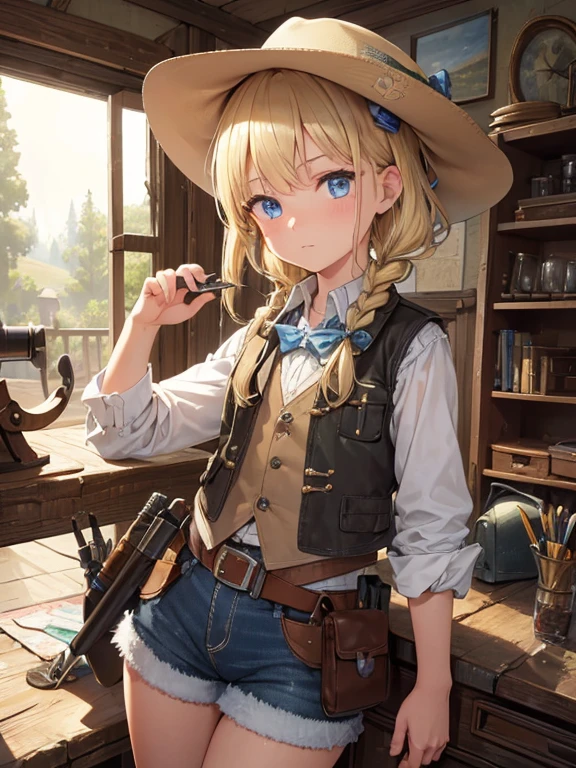 masterpiece, highest quality, Very detailed, 16k, Ultra-high resolution, Cowboy Shot, One 8--old l, Detailed face, Perfect Fingers, blue eyes, Blonde, Braid, A vest with many pockets, Shorts, Exploring knife, Safari Hat, compass, telescope, map, A cluttered room with lots of small items, Organizing tools
