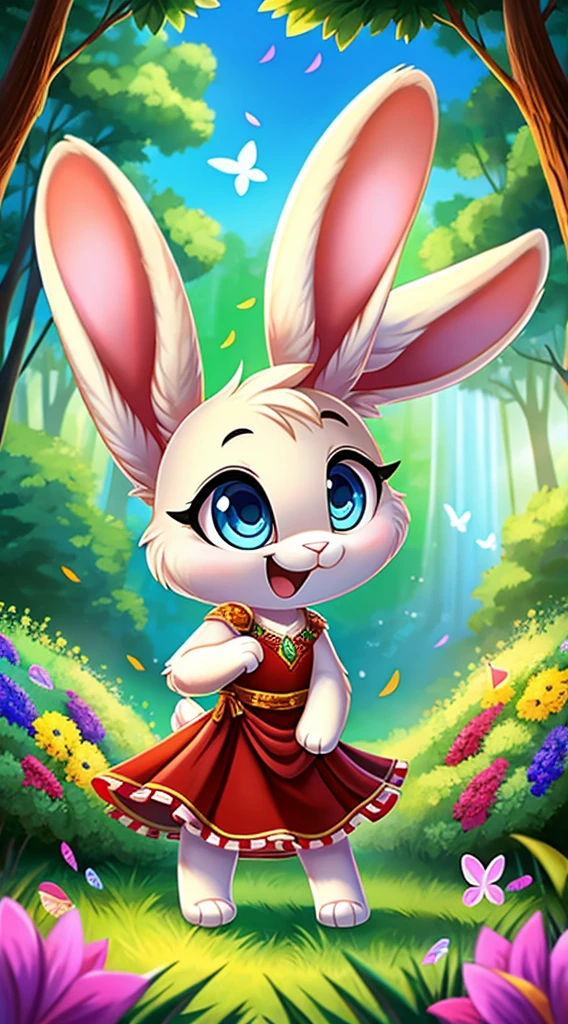 zoomed out image, fantasy style art, cute, adorable, short, tiny, little fluffy female white bunny with blue eyes, 2 extra ears, 4 ears, big floppy ears, long ears, ears perked up, raised ears, long eyelashes, poofy rabbit tail, smiling, standing in a forest, wearing a red frilly dress, big expressive smile, open mouth, wide eyes, excited eyes, excited face, stunning visuals, sunlight coming through the trees, colorful flowers scattered in the bushes, colorful butterflies flying around, digital illustration